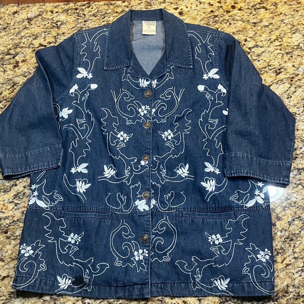 Allison Daley Womens 16W Blue Denim Embroidered Button Front Jacket Cotton 3/4